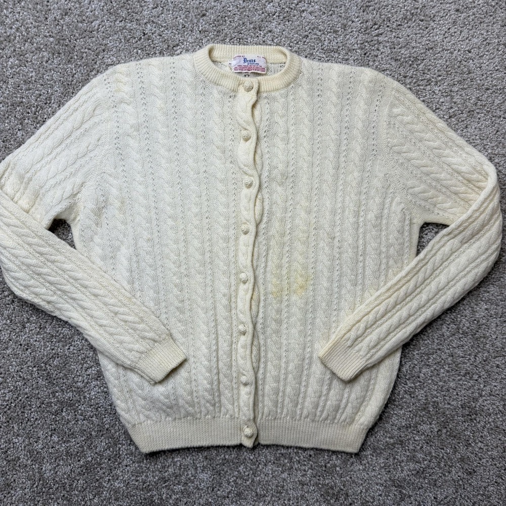 Vintage Deans Of Scotland Cardigan Sweater Womens Large White Cable-Knit Wool